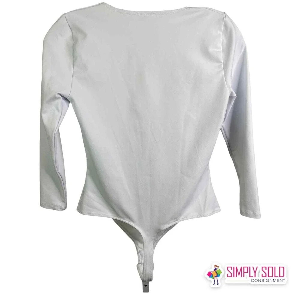 Free People Truth Or Square Womens S White Bodysuit Long Sleeve Stretch Top‎